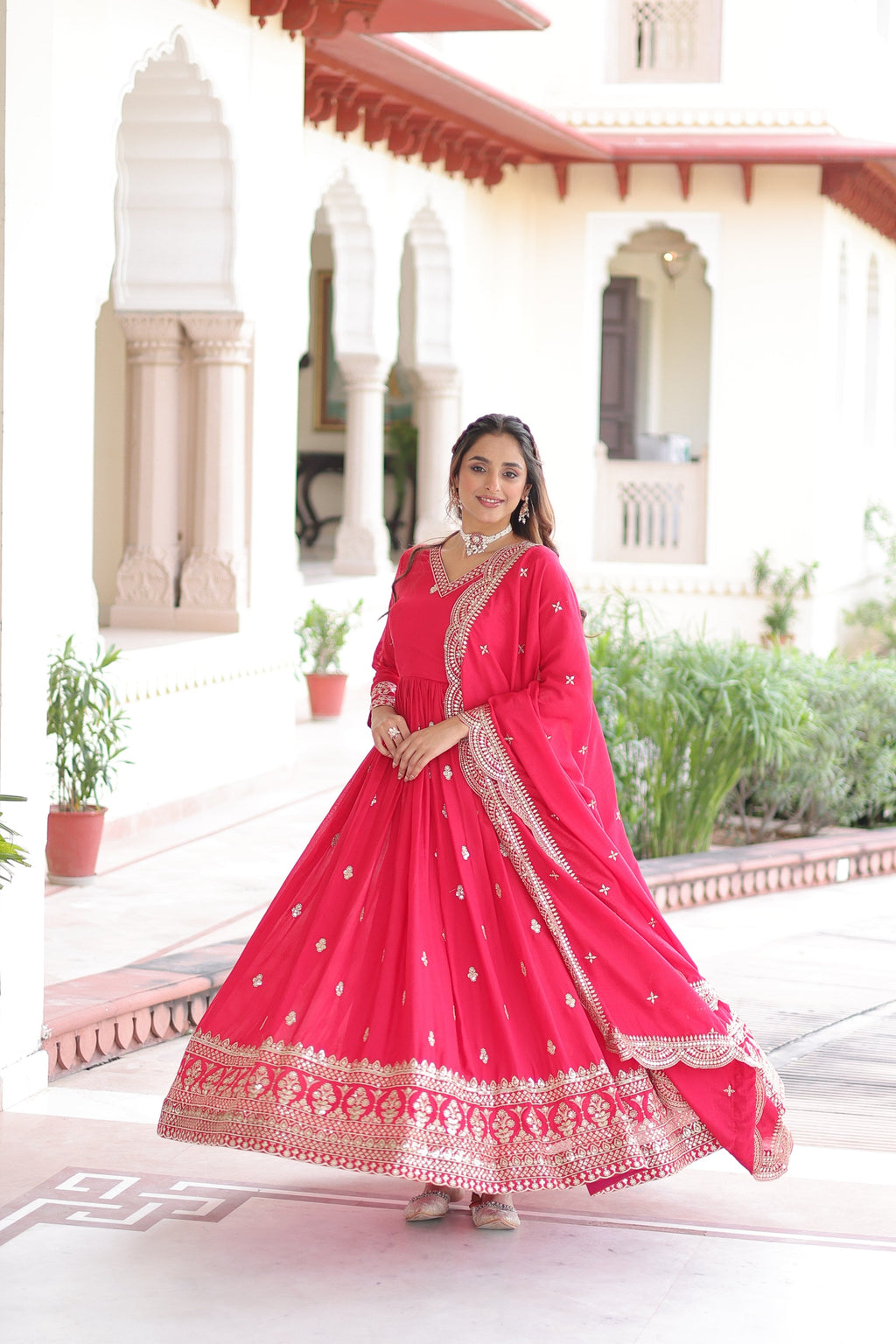 Jyoti Fashion Women's Pink Vichitra Silk Sequins Zari Embroidered Anarkali Set With Dupatta - Distacart