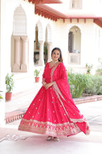 Jyoti Fashion Women's Pink Vichitra Silk Sequins Zari Embroidered Anarkali Set With Dupatta - Distacart
