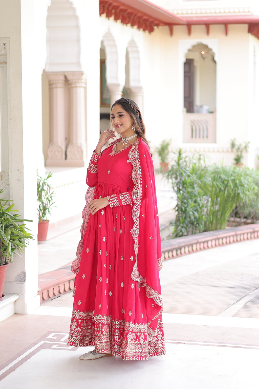 Jyoti Fashion Women's Pink Vichitra Silk Sequins Zari Embroidered Anarkali Set With Dupatta - Distacart