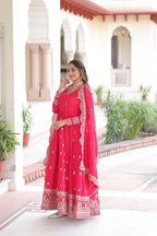 Jyoti Fashion Women's Pink Vichitra Silk Sequins Zari Embroidered Anarkali Set With Dupatta - Distacart
