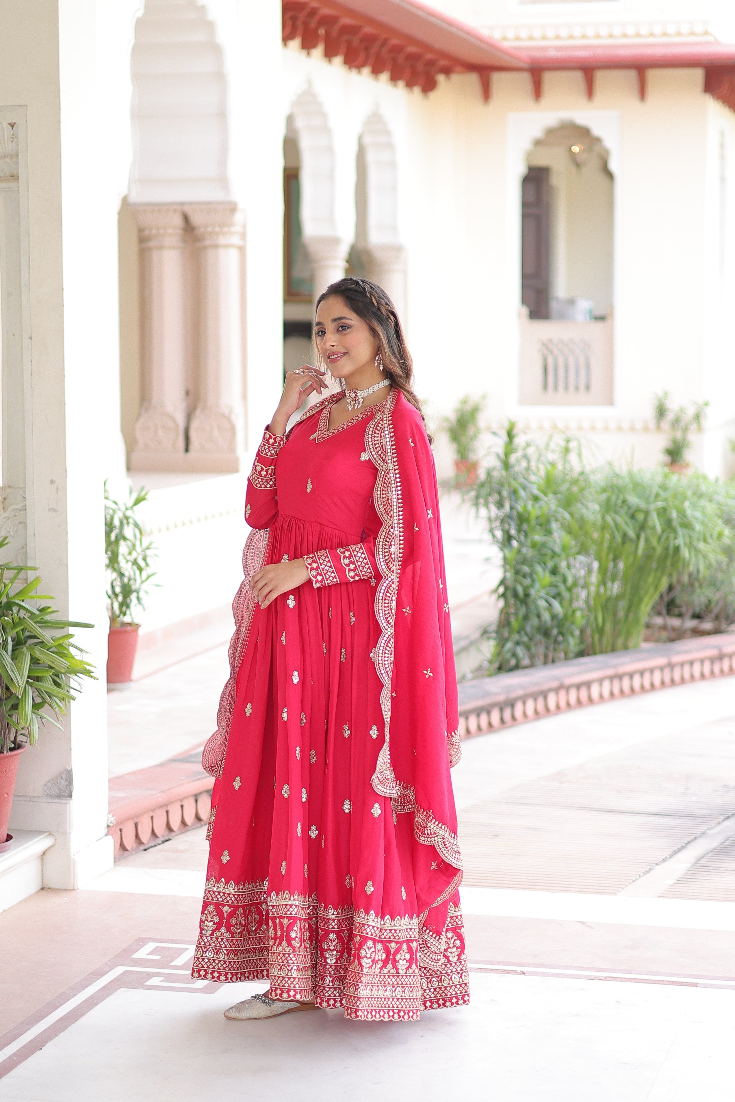 Jyoti Fashion Women's Pink Vichitra Silk Sequins Zari Embroidered Anarkali Set With Dupatta - Distacart