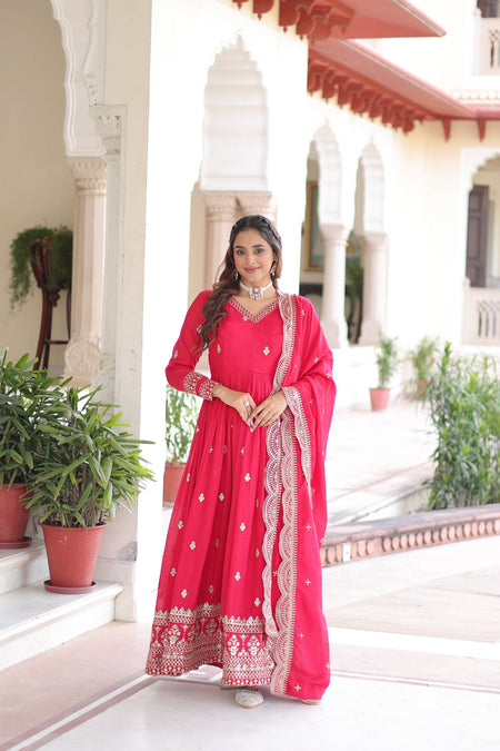 Jyoti Fashion Women's Pink Vichitra Silk Sequins Zari Embroidered Anarkali Set With Dupatta