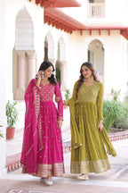 Jyoti Fashion Women's Pink & Parrot Green Faux Georgette Embroidered Combo Anarkali Set With Dupatta - Distacart