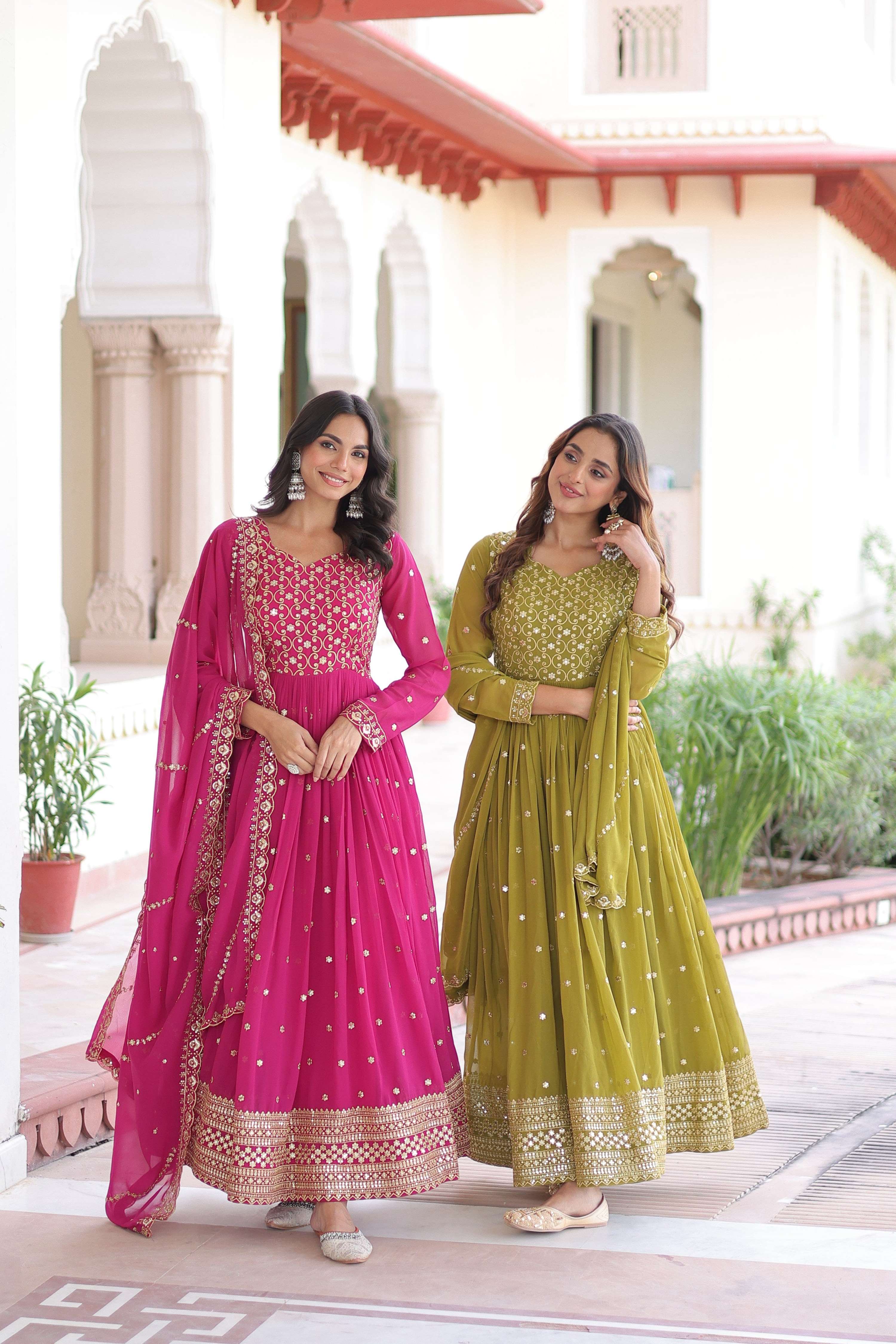 Jyoti Fashion Women's Pink & Parrot Green Faux Georgette Embroidered Combo Anarkali Set With Dupatta - Distacart