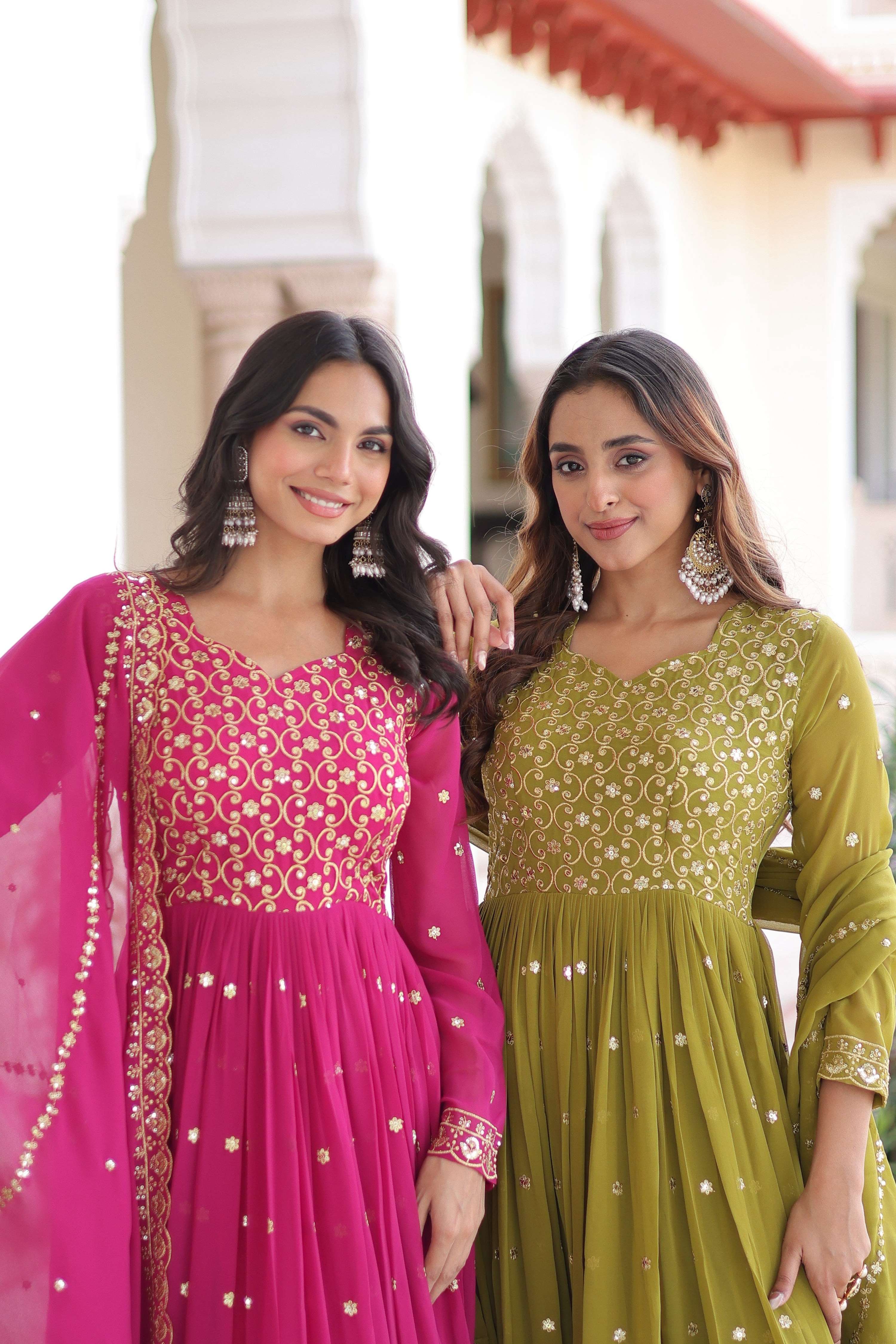 Jyoti Fashion Women's Pink & Parrot Green Faux Georgette Embroidered Combo Anarkali Set With Dupatta - Distacart