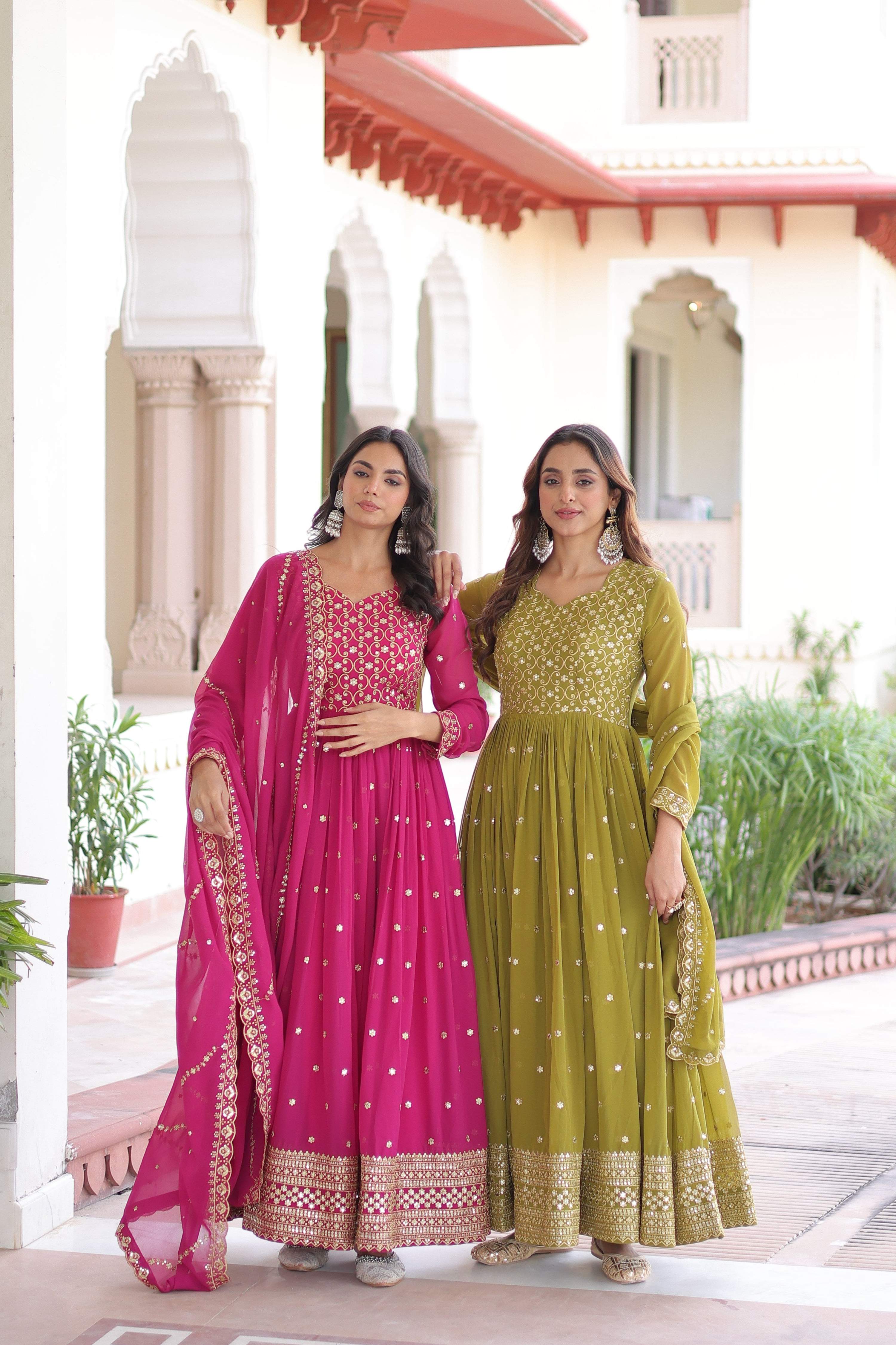 Jyoti Fashion Women's Pink & Parrot Green Faux Georgette Embroidered Combo Anarkali Set With Dupatta - Distacart