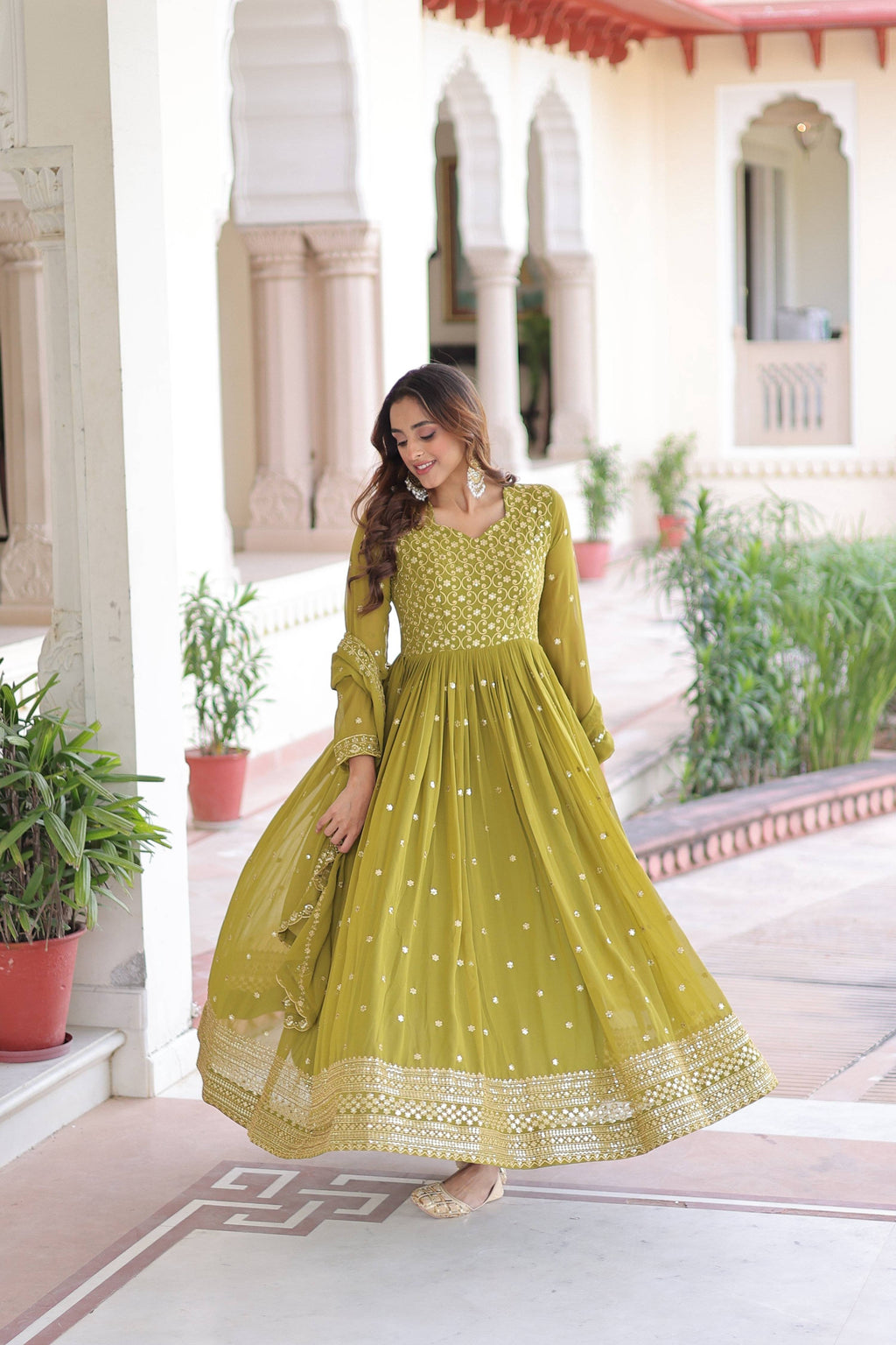 Jyoti Fashion Women's Parrot Green Faux Georgette Sequins Zari Embroidered Anarkali Set With Dupatta - Distacart