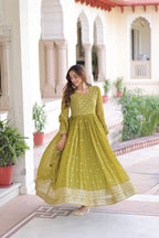 Jyoti Fashion Women's Parrot Green Faux Georgette Sequins Zari Embroidered Anarkali Set With Dupatta - Distacart