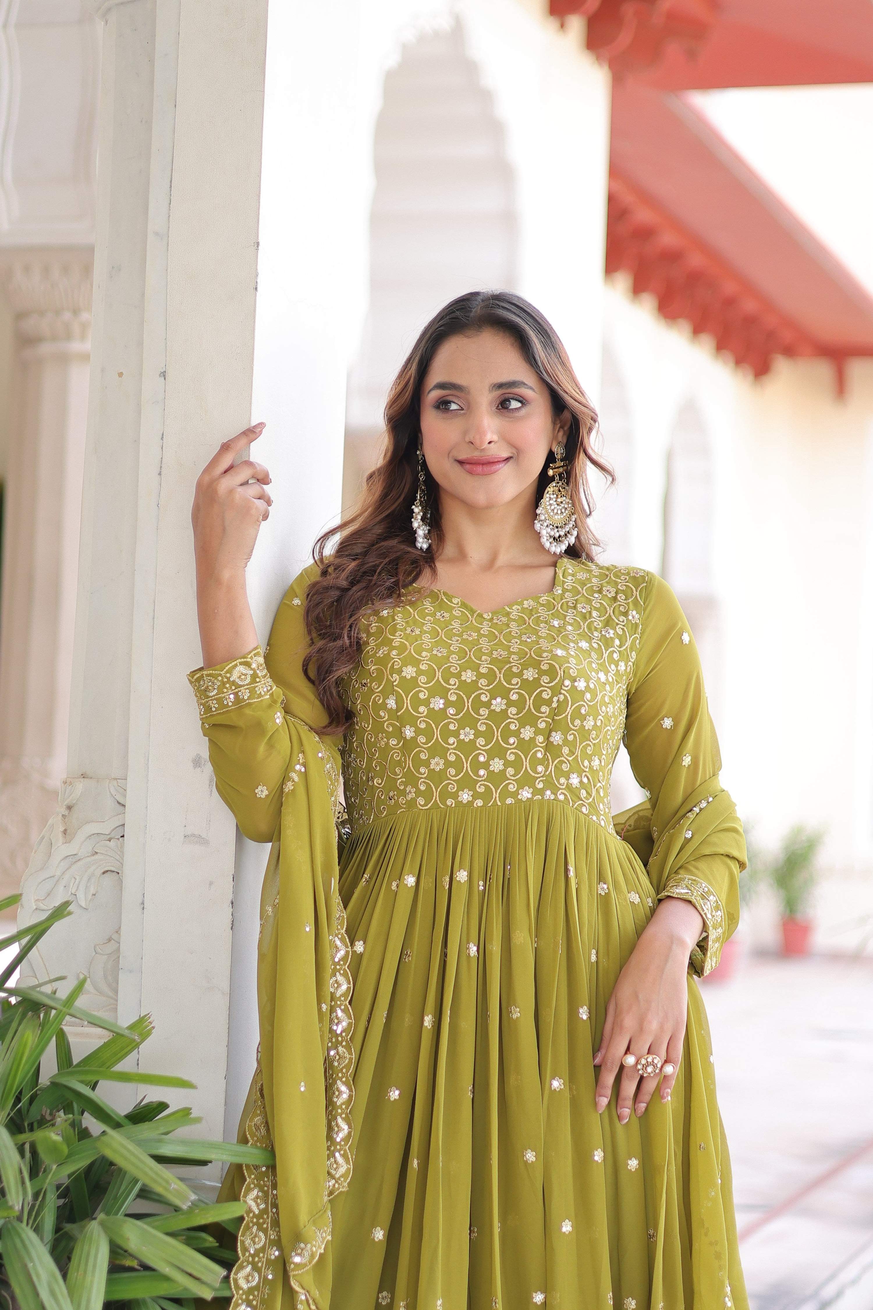 Jyoti Fashion Women's Parrot Green Faux Georgette Sequins Zari Embroidered Anarkali Set With Dupatta - Distacart