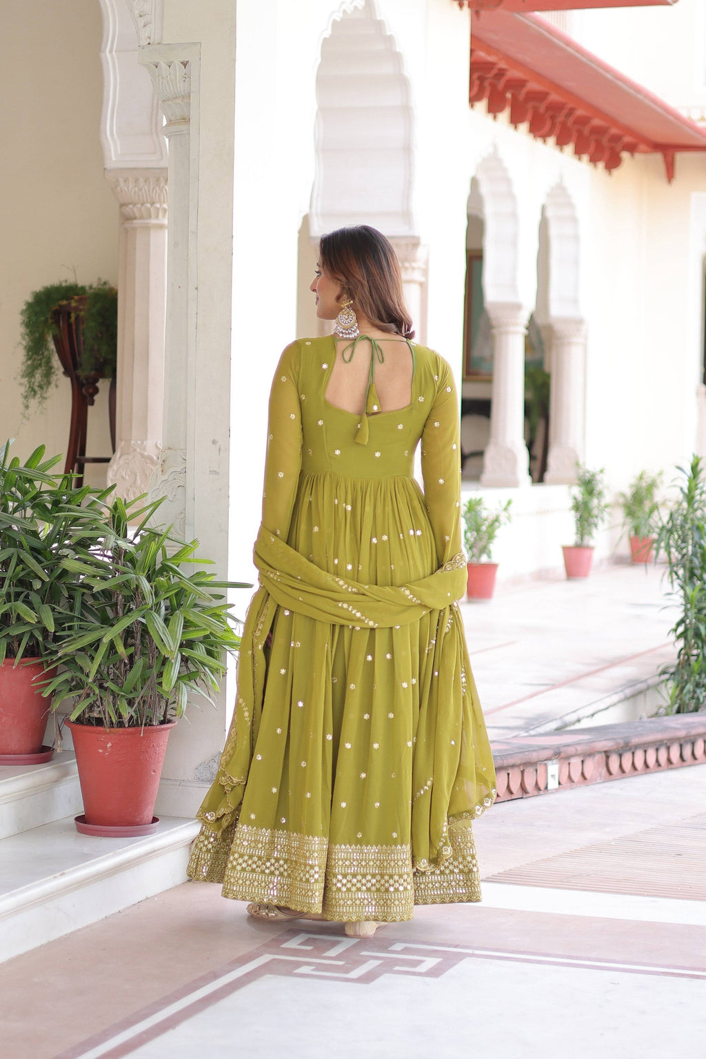 Jyoti Fashion Women's Parrot Green Faux Georgette Sequins Zari Embroidered Anarkali Set With Dupatta - Distacart