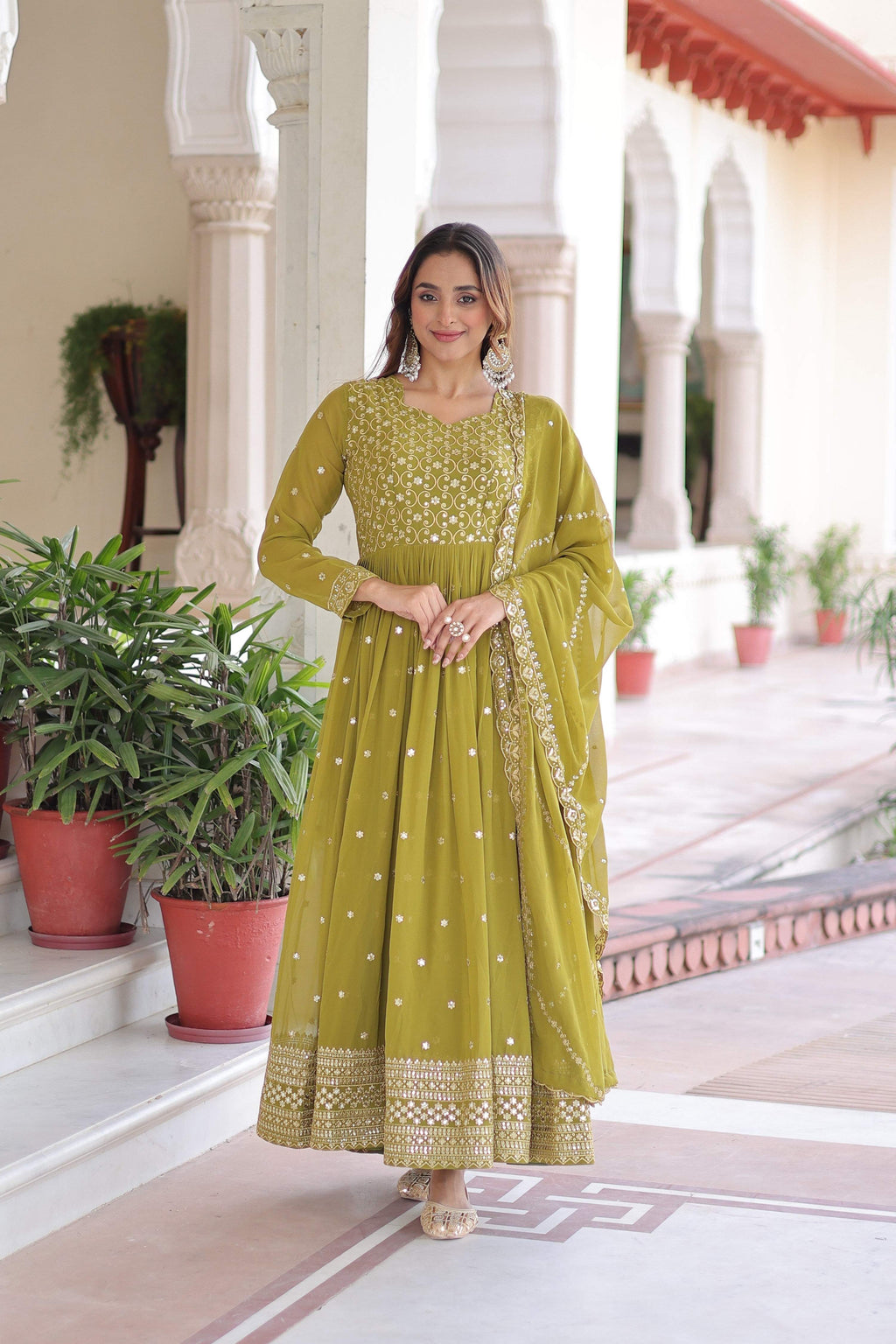 Jyoti Fashion Women's Parrot Green Faux Georgette Sequins Zari Embroidered Anarkali Set With Dupatta - Distacart