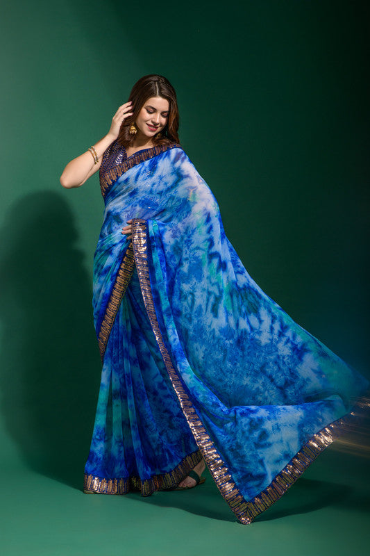 Jyoti Fashion Women's Blue Sequence Embroidery Chiffon Saree with Blouse - Distacart