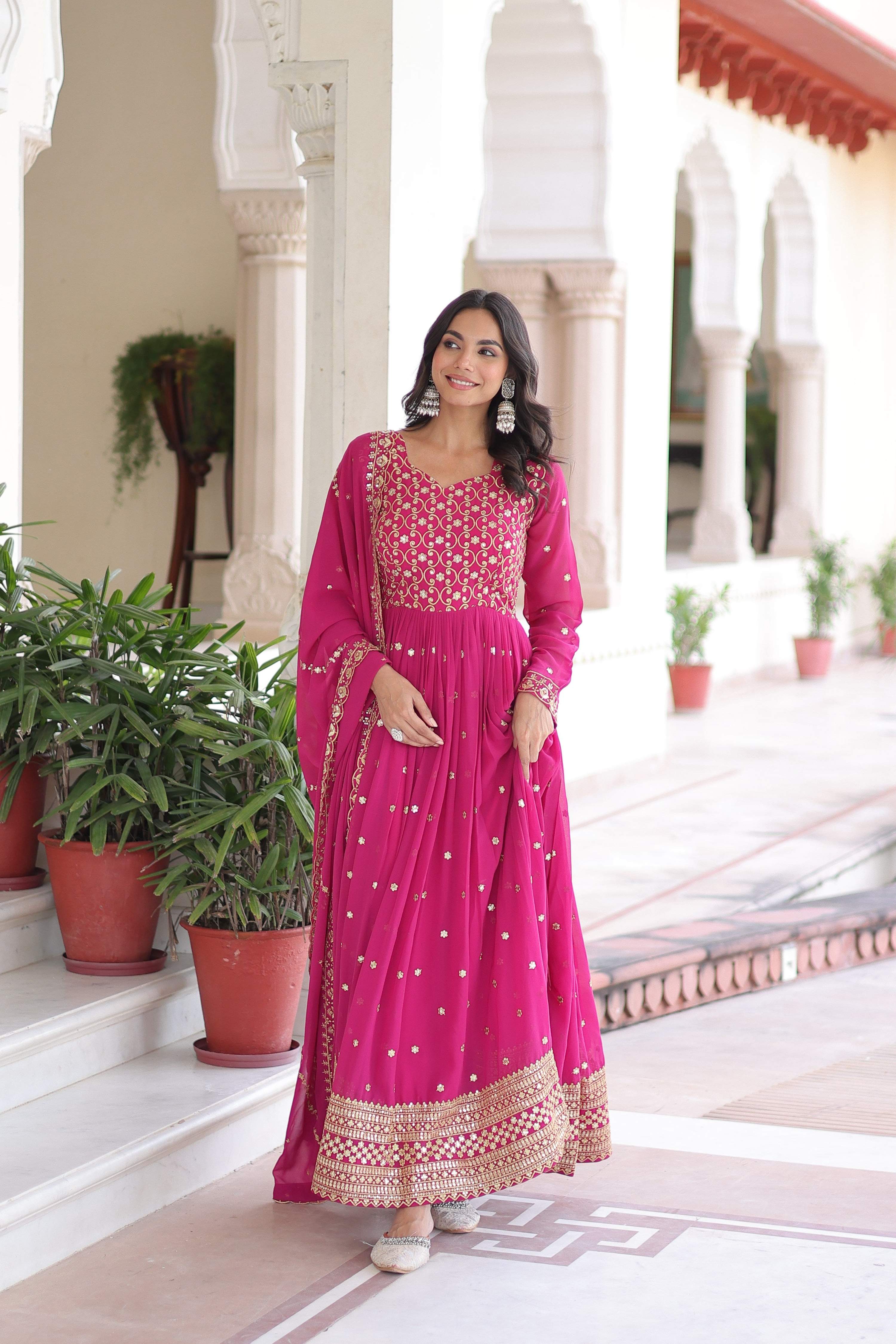 Jyoti Fashion Women's Pink Faux Georgette Sequins Zari Embroidered Anarkali Set With Dupatta - Distacart