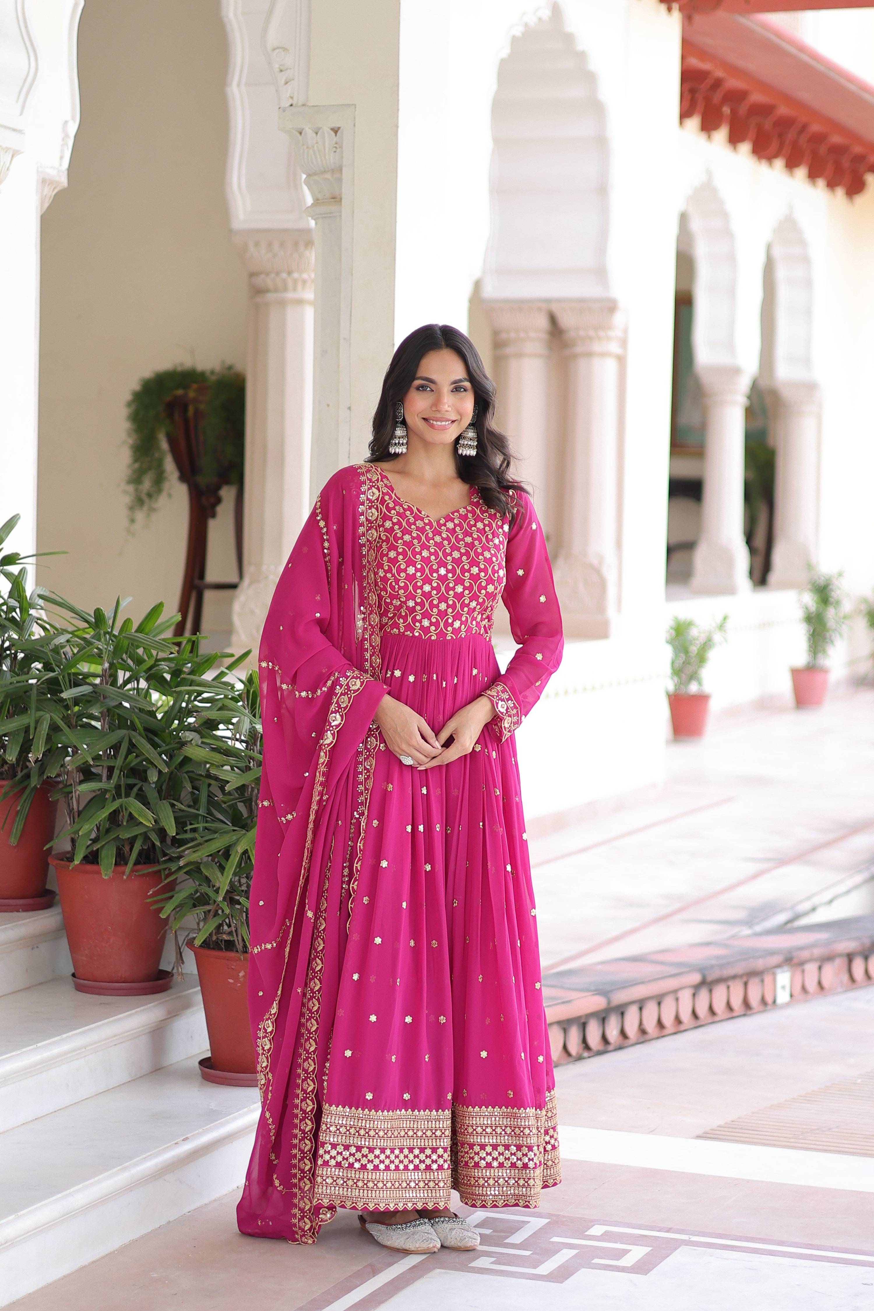 Jyoti Fashion Women's Pink Faux Georgette Sequins Zari Embroidered Anarkali Set With Dupatta - Distacart