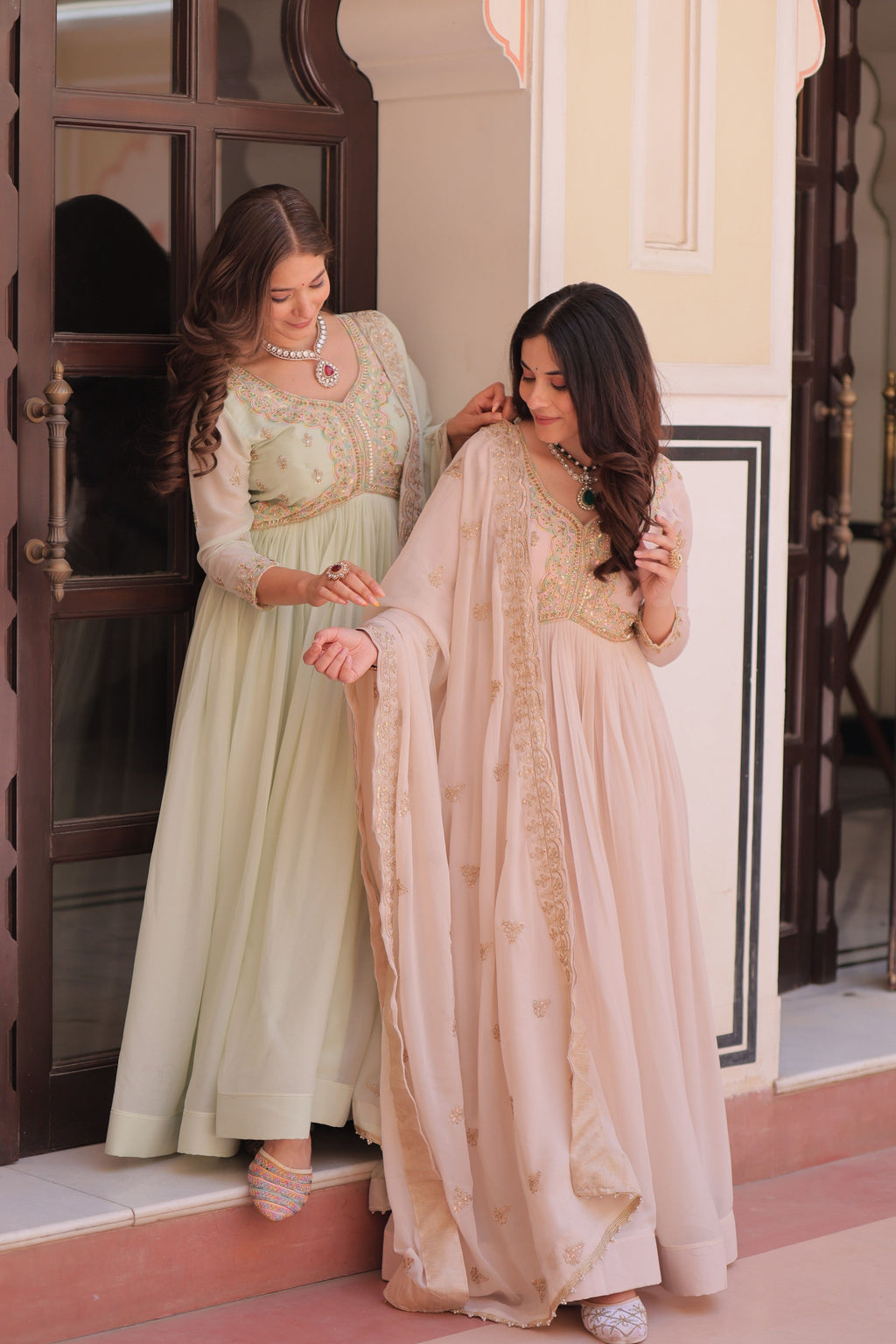 Jyoti Fashion Women's Pista Green & Beige Star Georgette Embroidered Combo Anarkali Set With Dupatta - Distacart