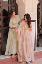 Jyoti Fashion Women's Pista Green & Beige Star Georgette Embroidered Combo Anarkali Set With Dupatta - Distacart
