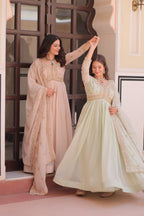 Jyoti Fashion Women's Pista Green & Beige Star Georgette Embroidered Combo Anarkali Set With Dupatta - Distacart