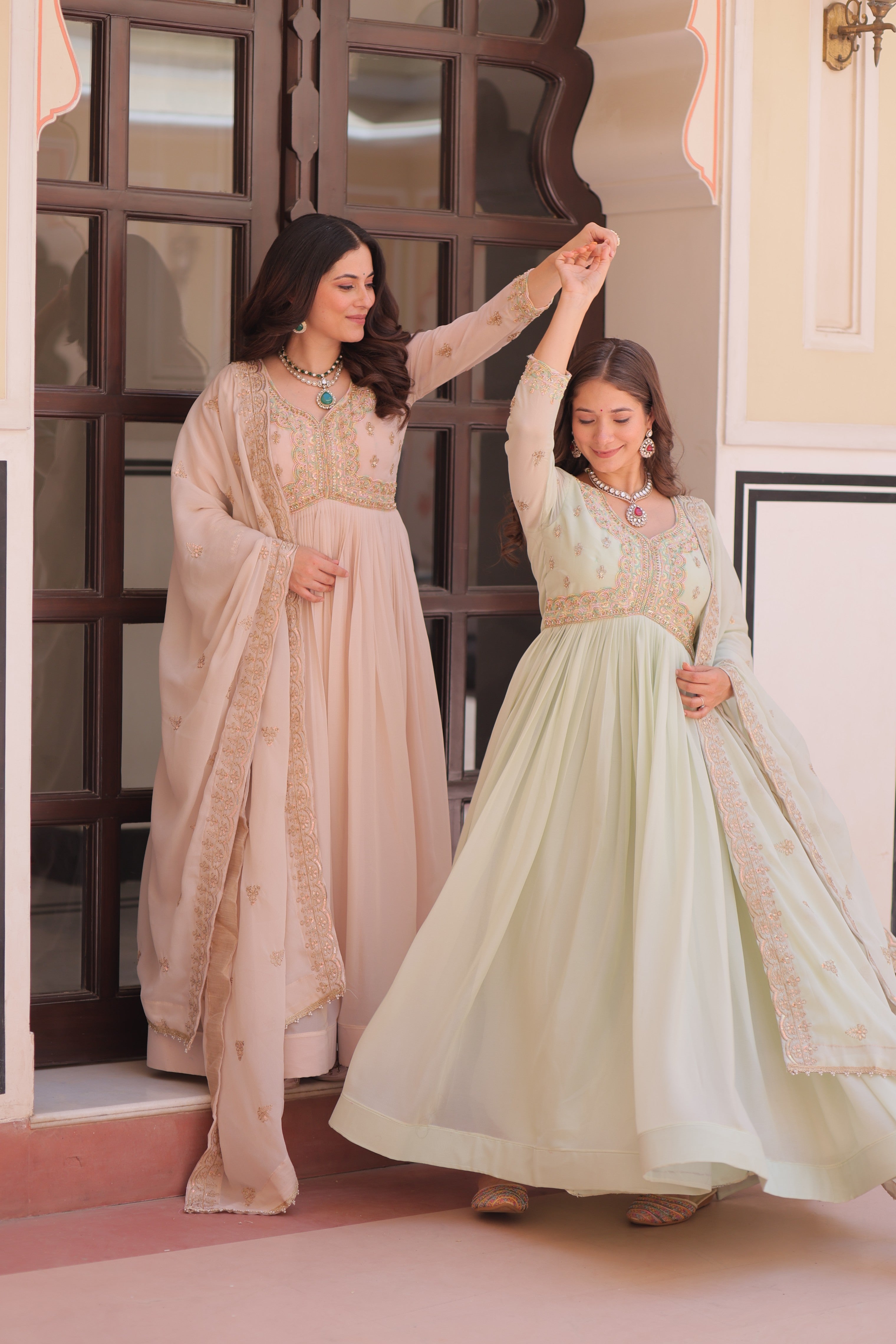 Jyoti Fashion Women's Pista Green & Beige Star Georgette Embroidered Combo Anarkali Set With Dupatta - Distacart