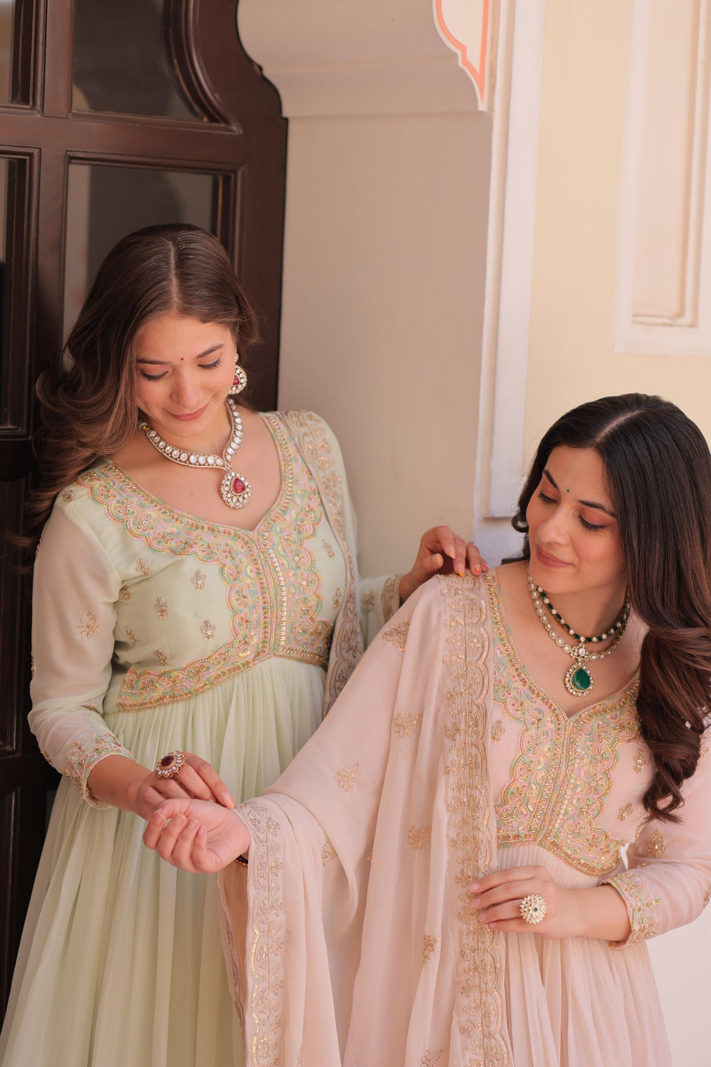 Jyoti Fashion Women's Pista Green & Beige Star Georgette Embroidered Combo Anarkali Set With Dupatta - Distacart