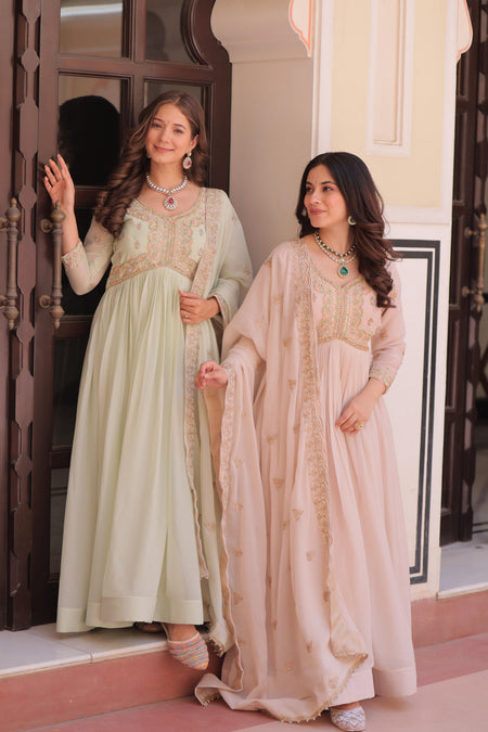 Jyoti Fashion Women's Pista Green & Beige Star Georgette Embroidered Combo Anarkali Set With Dupatta