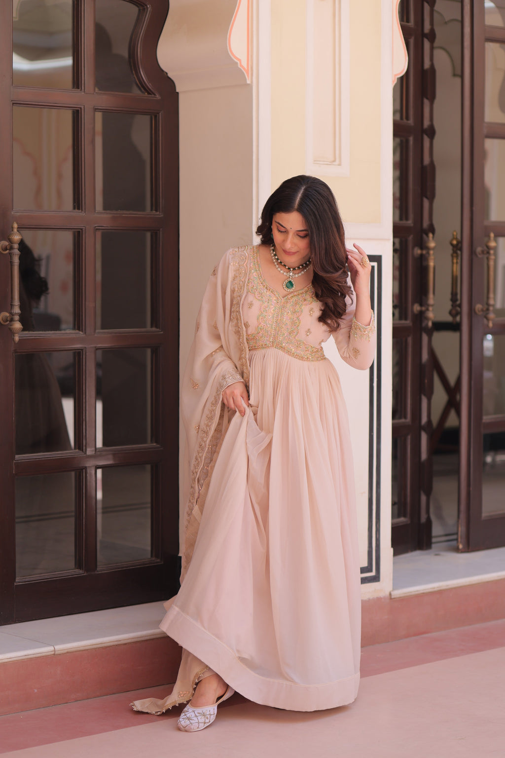 Jyoti Fashion Women's Beige Star Georgette Embroidered Anarkali Set With Dupatta - Distacart