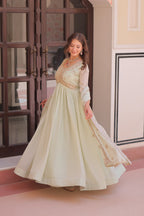 Jyoti Fashion Women's Pista Green Star Georgette Embroidered Anarkali Set With Dupatta - Distacart