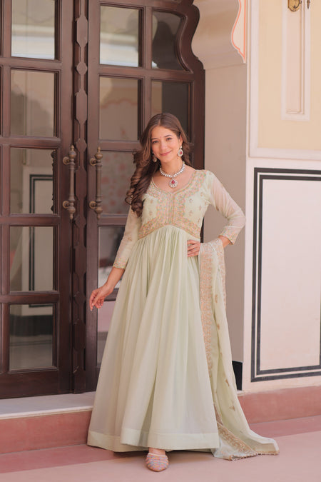 Jyoti Fashion Women's Pista Green Star Georgette Embroidered Anarkali Set With Dupatta