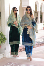 Jyoti Fashion Green & Blue Velvet Embroidered Designer Combo Kurta Set with Dupatta - Distacart