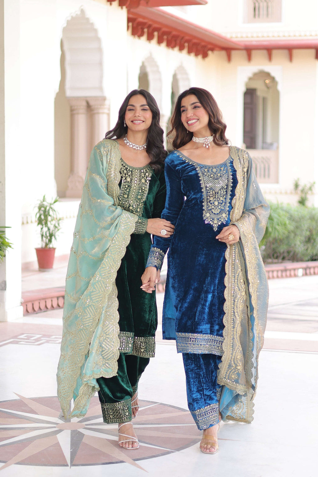 Jyoti Fashion Green & Blue Velvet Embroidered Designer Combo Kurta Set with Dupatta - Distacart
