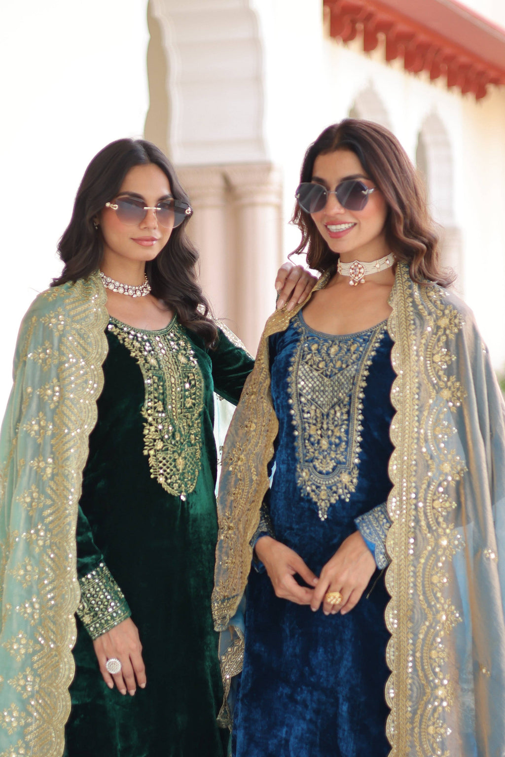 Jyoti Fashion Green & Blue Velvet Embroidered Designer Combo Kurta Set with Dupatta - Distacart