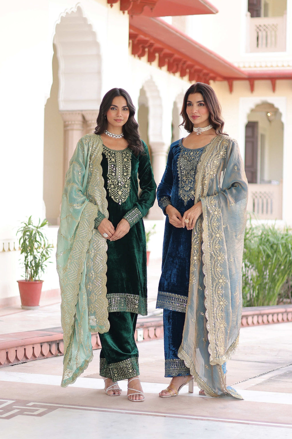Jyoti Fashion Green & Blue Velvet Embroidered Designer Combo Kurta Set with Dupatta - Distacart