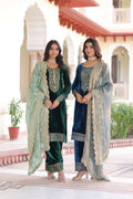Jyoti Fashion Green & Blue Velvet Embroidered Designer Combo Kurta Set with Dupatta - Distacart
