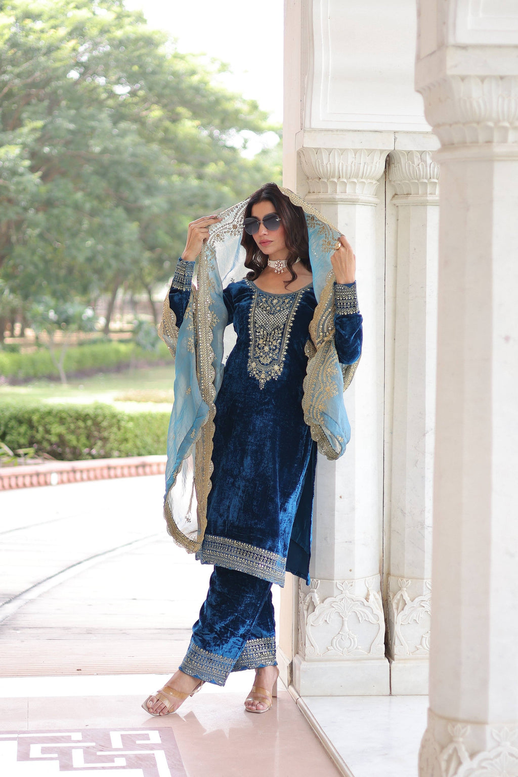 Jyoti Fashion Blue Velvet Embroidered Designer Kurta Set with Dupatta - Distacart