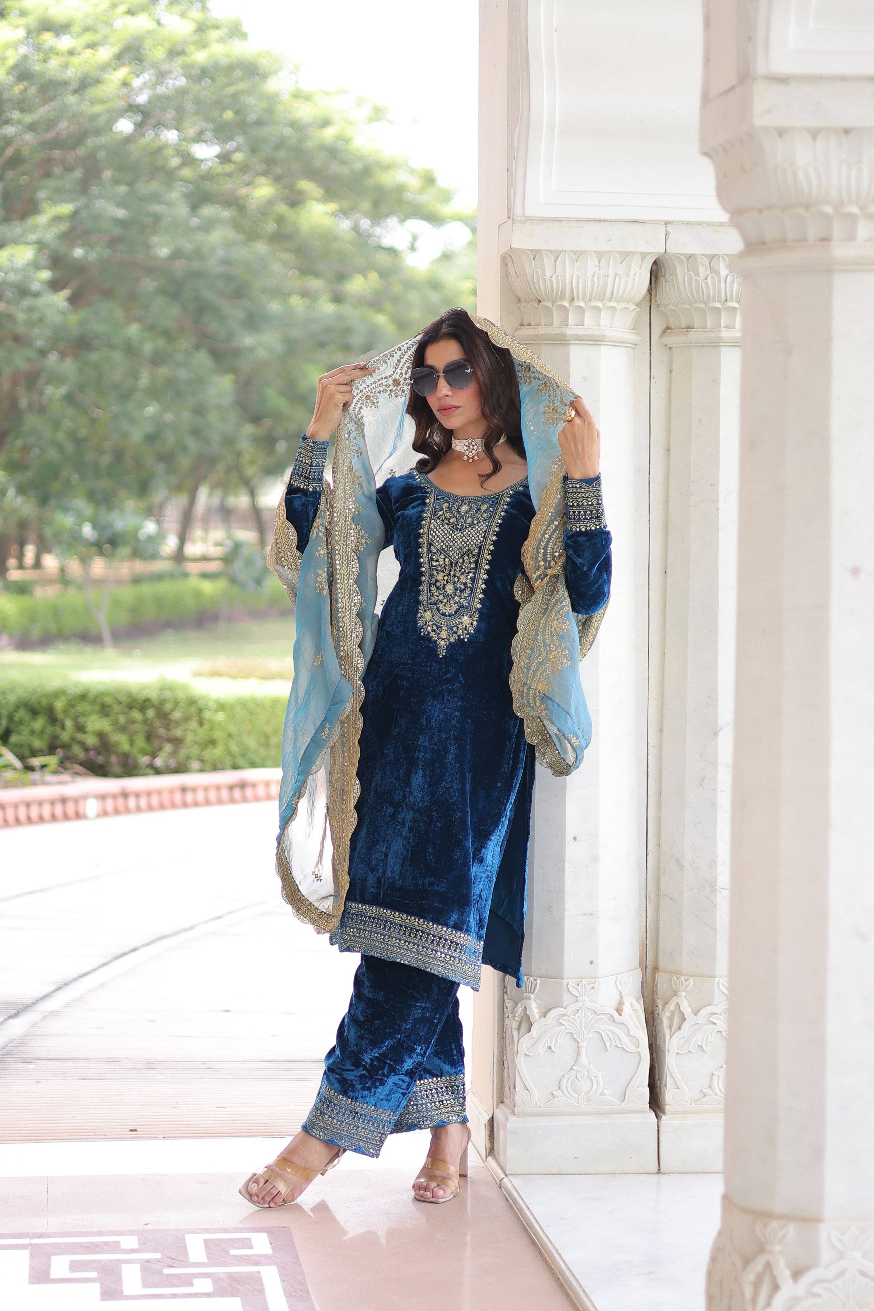 Jyoti Fashion Blue Velvet Embroidered Designer Kurta Set with Dupatta - Distacart