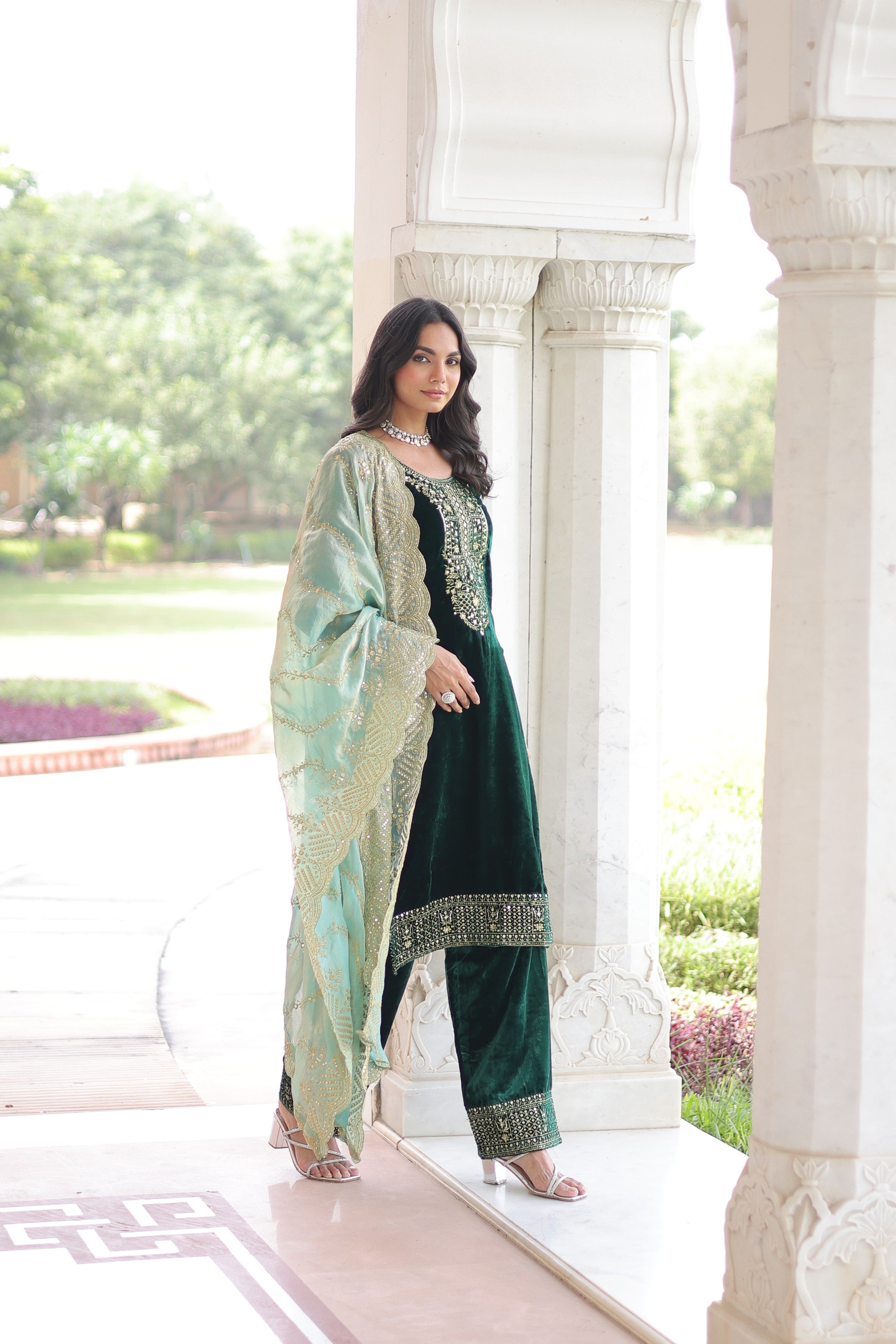Jyoti Fashion Green Velvet Embroidered Designer Kurta Set with Dupatta - Distacart