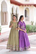 Jyoti Fashion Women's Green & Purple Vichitra Silk Embroidered Combo Anarkali Set With Koti - Distacart