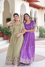 Jyoti Fashion Women's Green & Purple Vichitra Silk Embroidered Combo Anarkali Set With Koti - Distacart