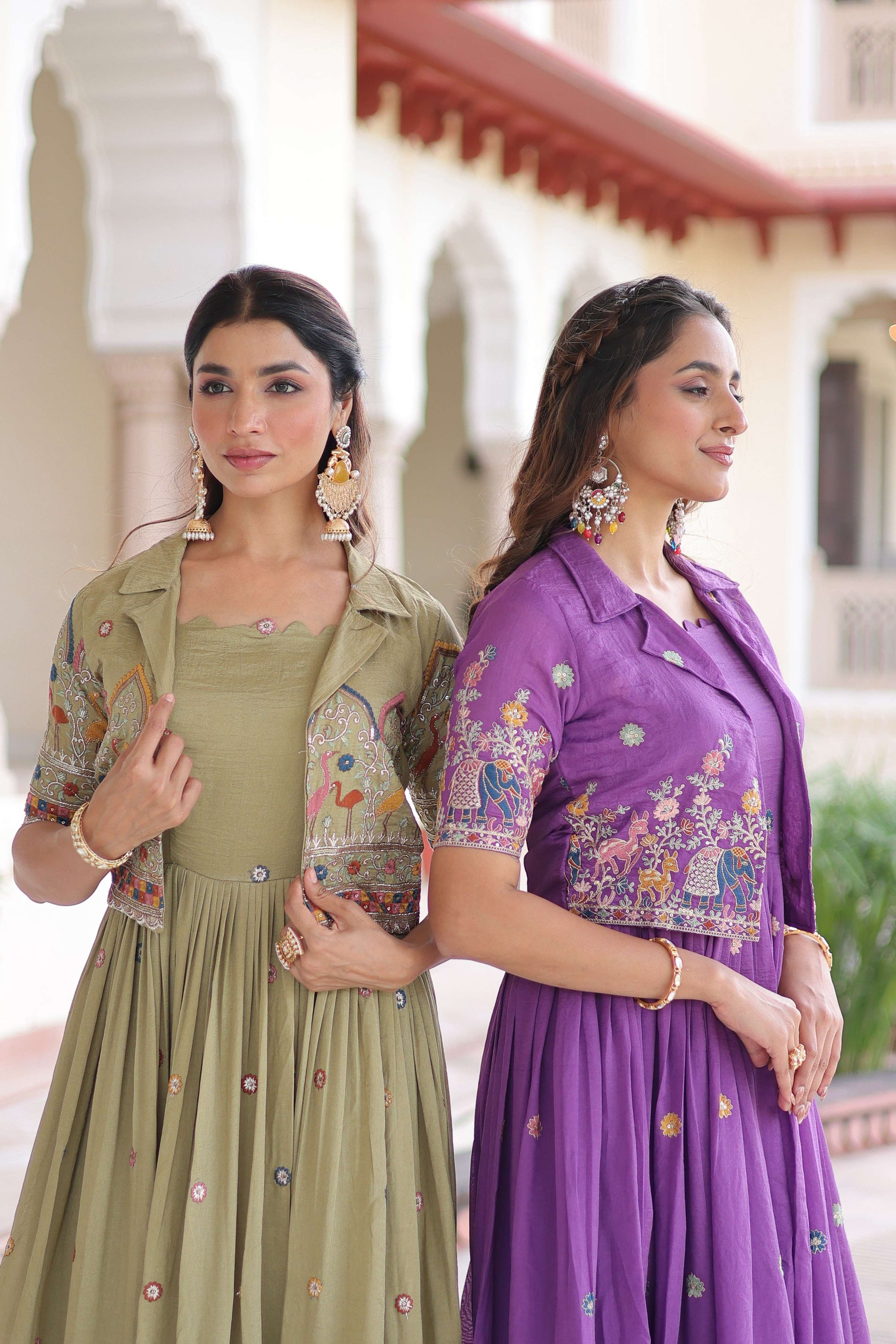 Jyoti Fashion Women's Green & Purple Vichitra Silk Embroidered Combo Anarkali Set With Koti - Distacart