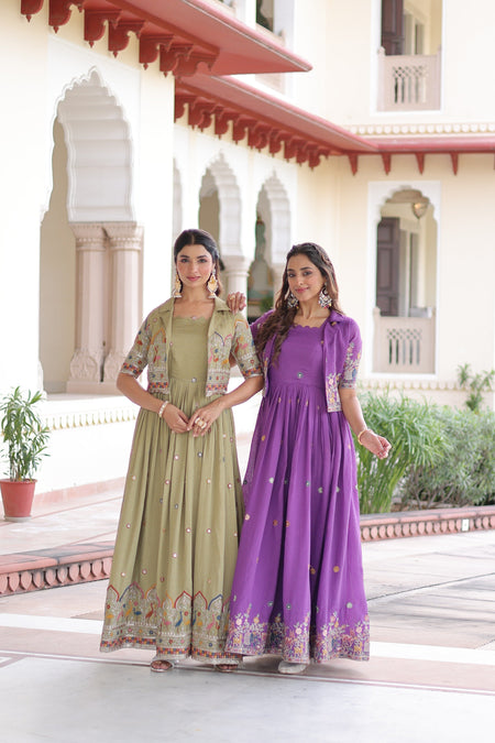 Jyoti Fashion Women's Green & Purple Vichitra Silk Embroidered Combo Anarkali Set With Koti