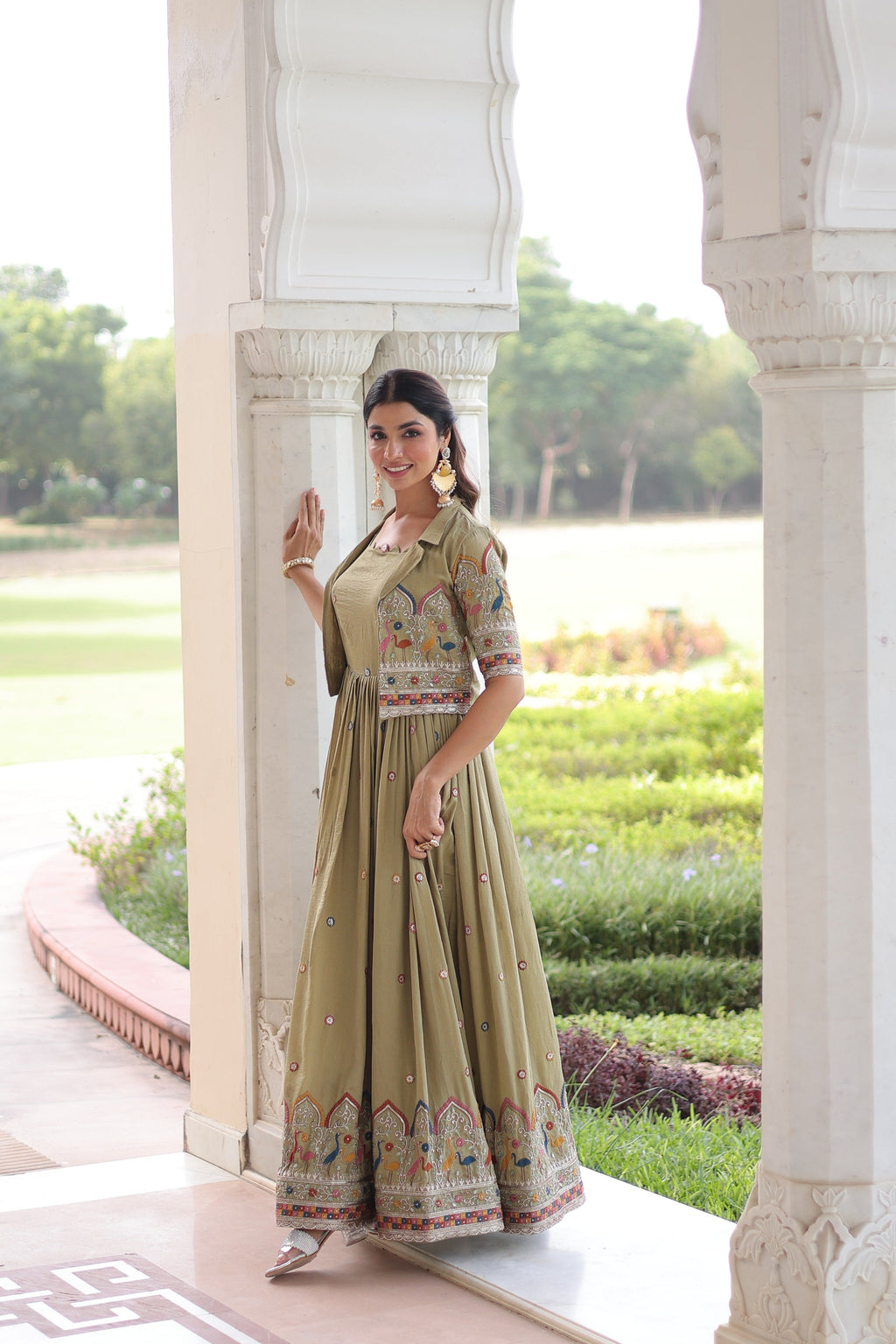 Jyoti Fashion Women's Green Vichitra Silk Embroidered Anarkali Set With Koti - Distacart