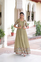 Jyoti Fashion Women's Green Vichitra Silk Embroidered Anarkali Set With Koti - Distacart