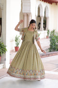 Jyoti Fashion Women's Green Vichitra Silk Embroidered Anarkali Set With Koti - Distacart