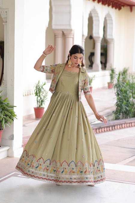 Jyoti Fashion Women's Green Vichitra Silk Embroidered Anarkali Set With Koti