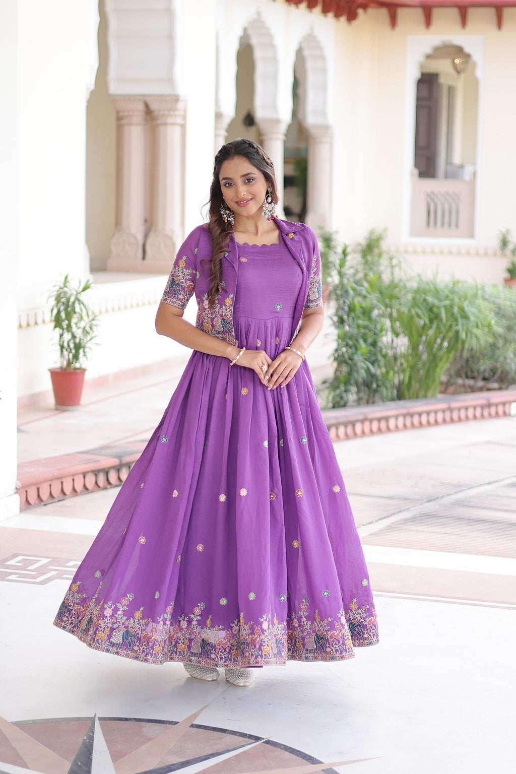 Jyoti Fashion Women's Purple Vichitra Silk Embroidered Anarkali Set With Koti - Distacart