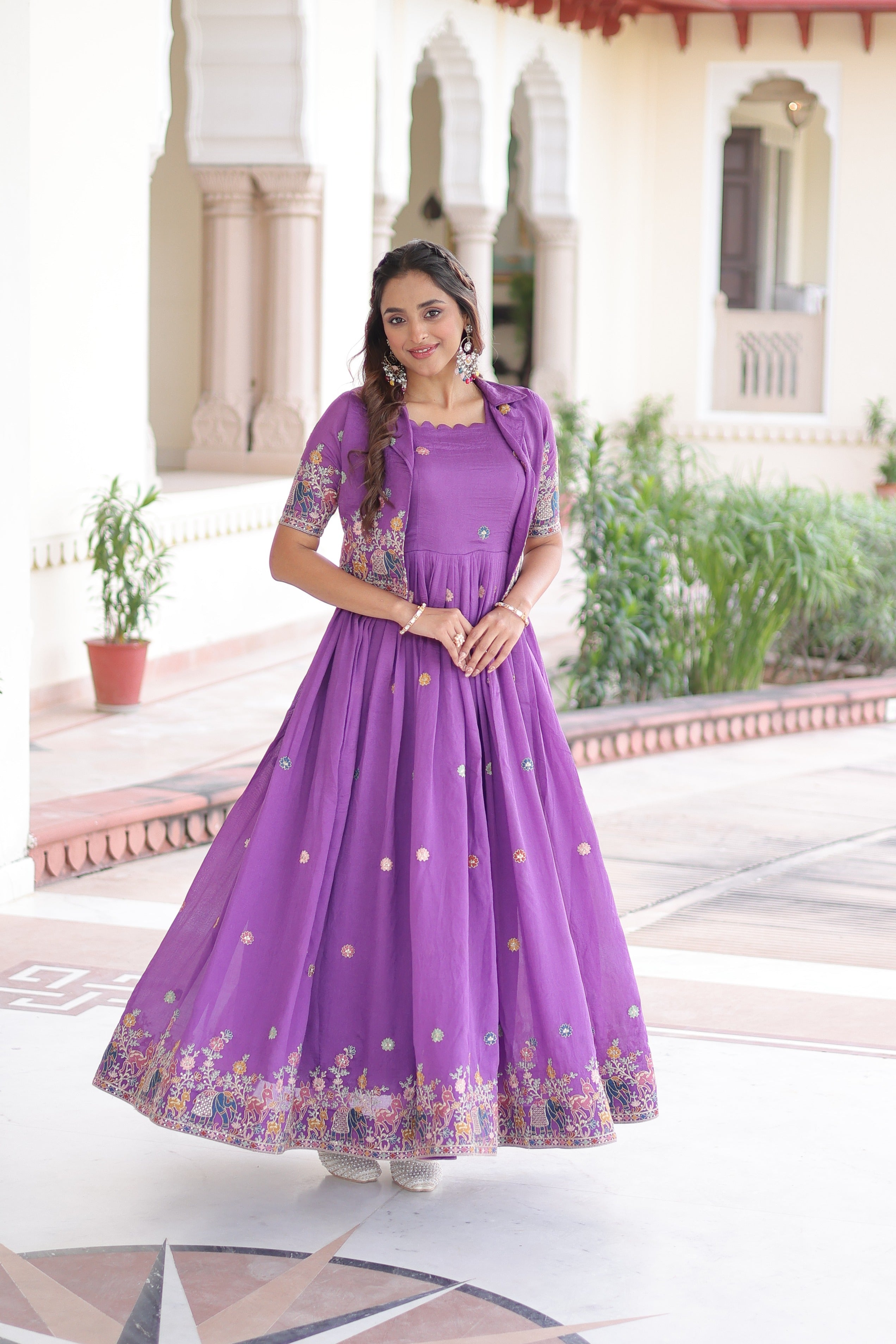 Jyoti Fashion Women's Purple Vichitra Silk Embroidered Anarkali Set With Koti - Distacart