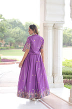 Jyoti Fashion Women's Purple Vichitra Silk Embroidered Anarkali Set With Koti - Distacart