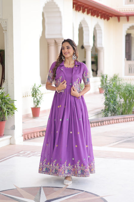 Jyoti Fashion Women's Purple Vichitra Silk Embroidered Anarkali Set With Koti