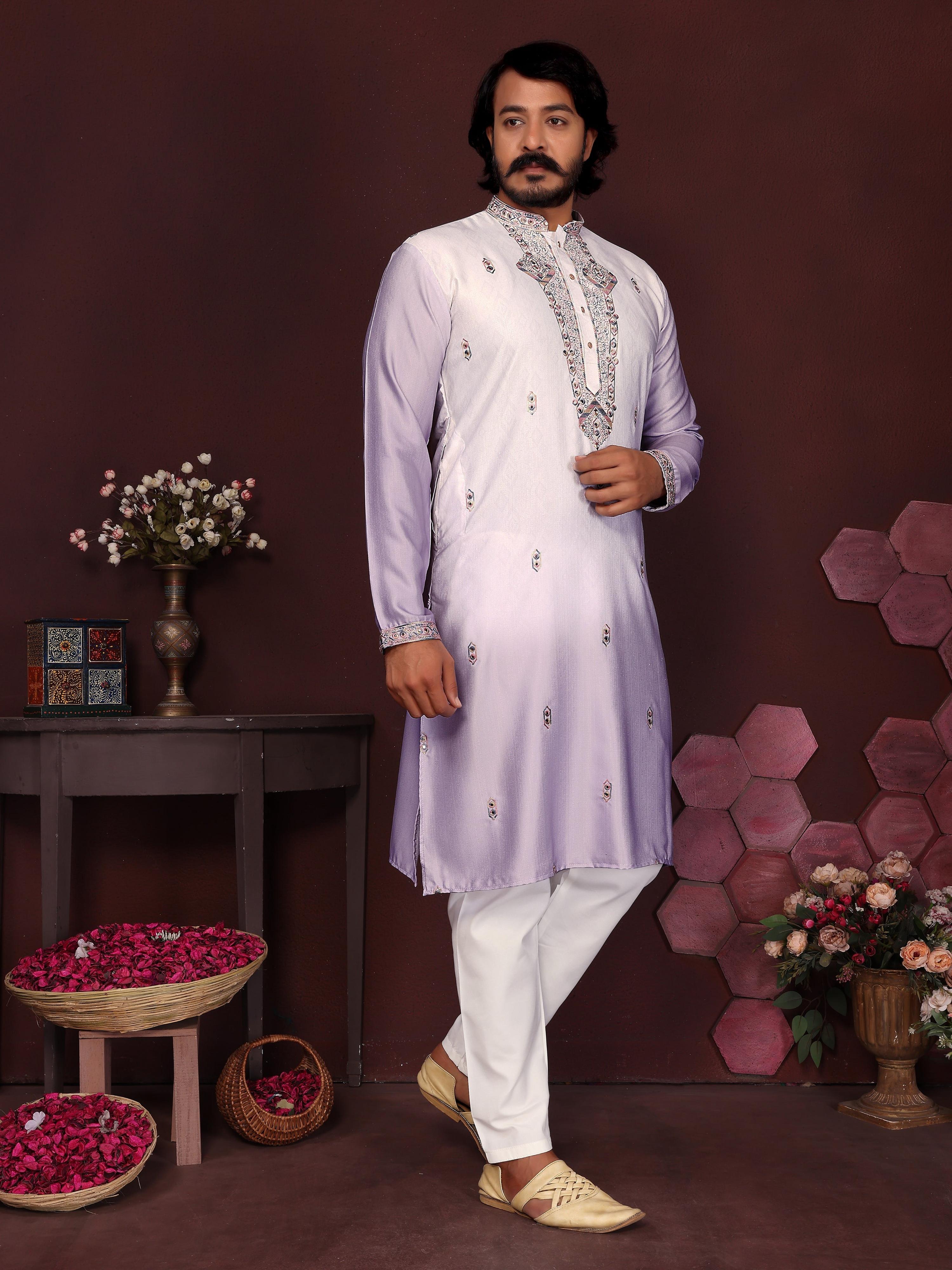 Jyoti Fashion Men's Purple Sequins Embroidered Kurta with Pajama