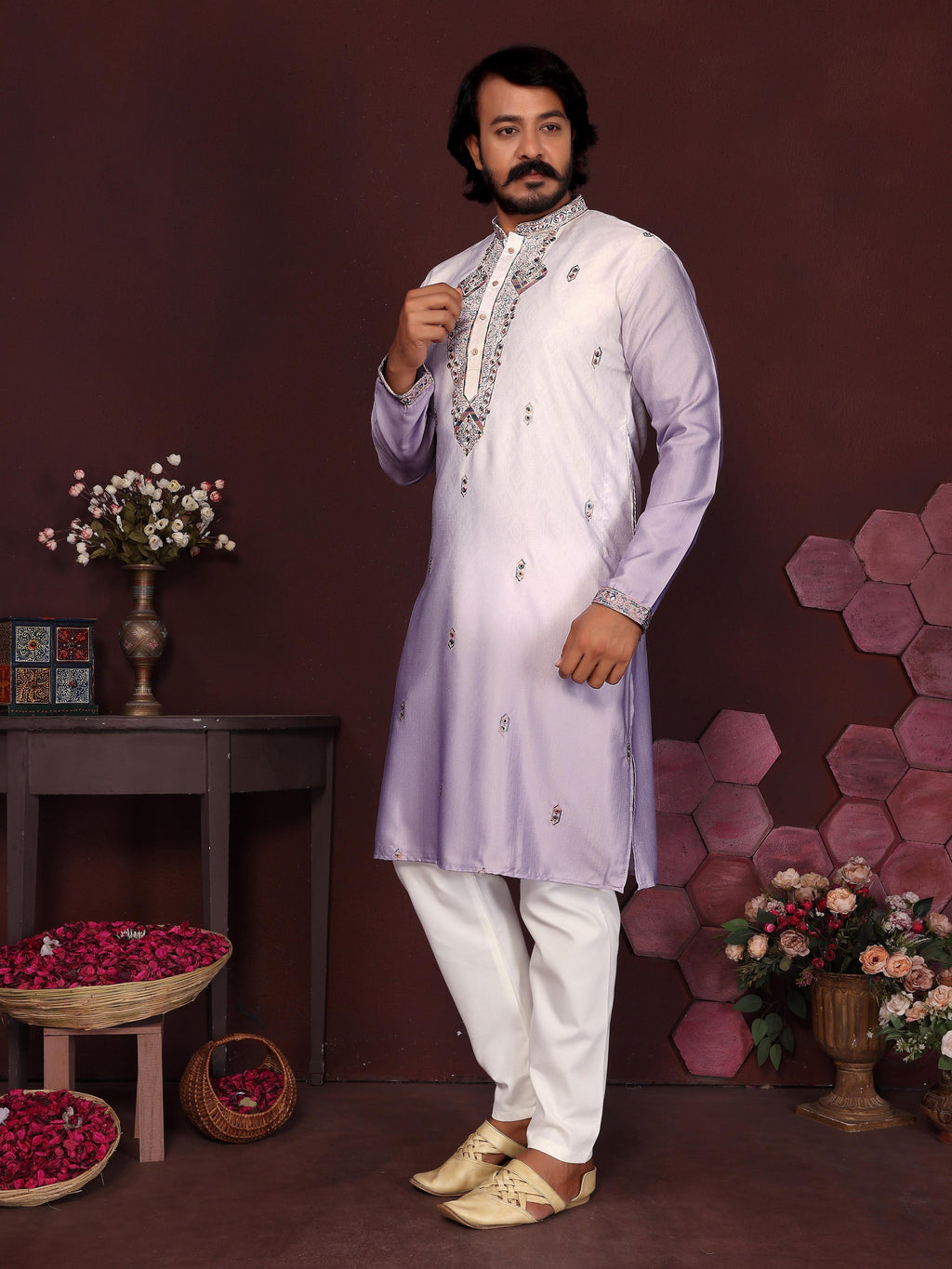 Jyoti Fashion Men's Purple Sequins Embroidered Kurta with Pajama