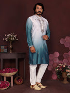 Jyoti Fashion Men's Teal Sequins Embroidered Kurta with Pajama